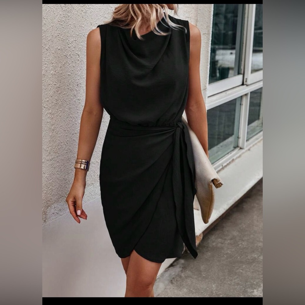 SHEIN Black Ruched Cowl Neck Mini Dress